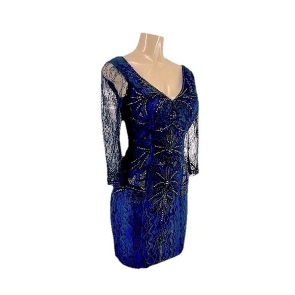 Sue Wong Dresses & Skirts - Sue Wong Beaded V-Neck Blue & Black Lace Dress Size 6 Glam Cocktail 3/4 Sleeves